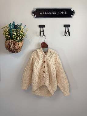 Vintage Ivory Chunky Cable Knit Wool Cardigan Sweater